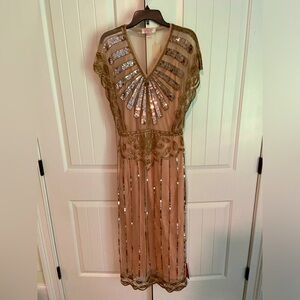 GatsbyLady London Long Flapper Style 1920s Art Deco Dress Blush Gold Size 6 New!